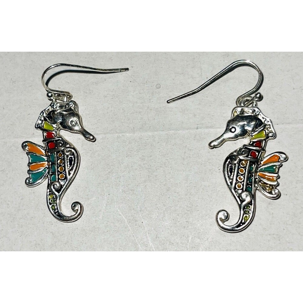 Nautical Seahorse Dangle Earrings Colorful Enamel Silver Tone Beach Ocean Theme